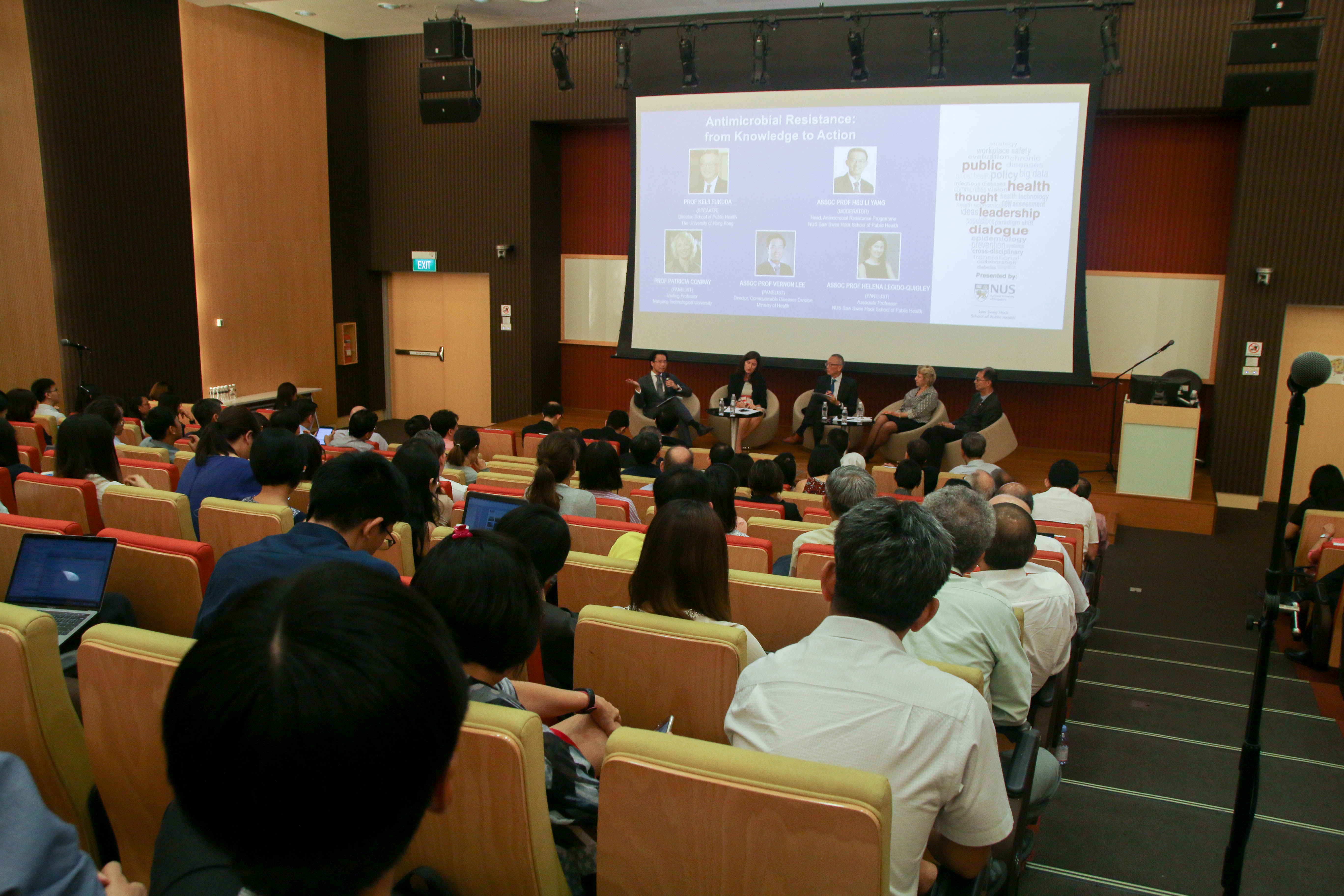 The panellist from left: A/Prof Vernon Lee, A/Prof Helena Legido-Quigley, Prof Keiji Fukuda, Prof Patricia Conway and A/Prof Hsu Li Yang.