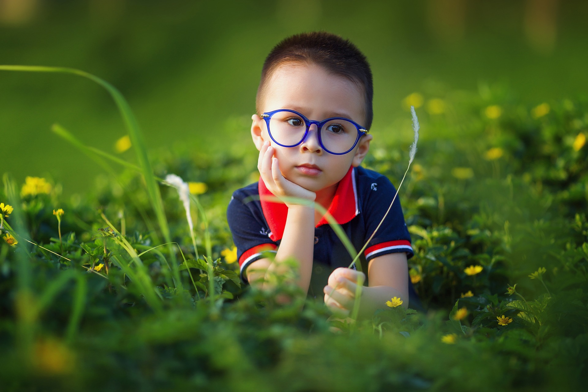 Child wearing spectacles, daydreaming in a field