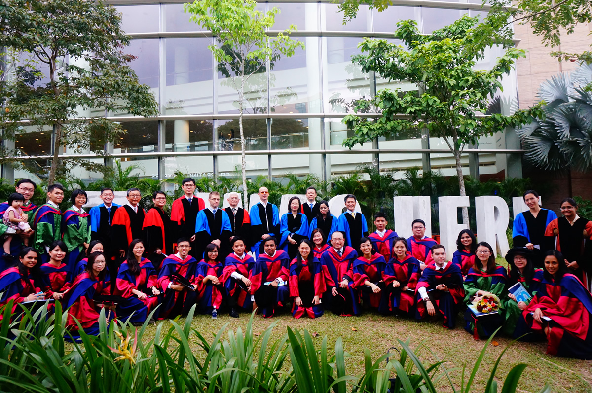 NUS Saw Swee Hock School of Public Health Class of 2015 with the School's faculty outside the University Cultural Centre after the Commencement Ceremony on 12 July 2015
