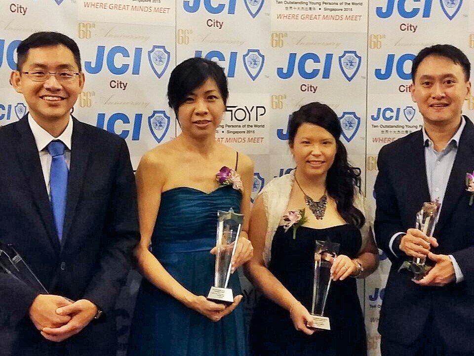 A/Prof Teo (left) with other TYOP winners from NUS - A/Prof Ho Ghim Wei (Honoree award, Scientific and/or Technological Development), Dr Melissa Fullwood (Honoree award, Medical Innovation) and A/Prof Jonathan Loh Yuin-Han (Merit award, Scientific and/or Technological Development)