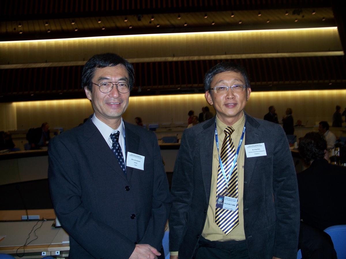 Associate Professor Chia Sin Eng (right) with Dr Shin-ichi Sawada (left) from the Japan National Institute of Occupational Safety and Health, WHO Collaboration Centre in Occupational Health at a 3-yearly meeting for all WHO Collaborating Centres for Occupational Health at the World Health Organisation Headquarters in Geneva, Switzerland.