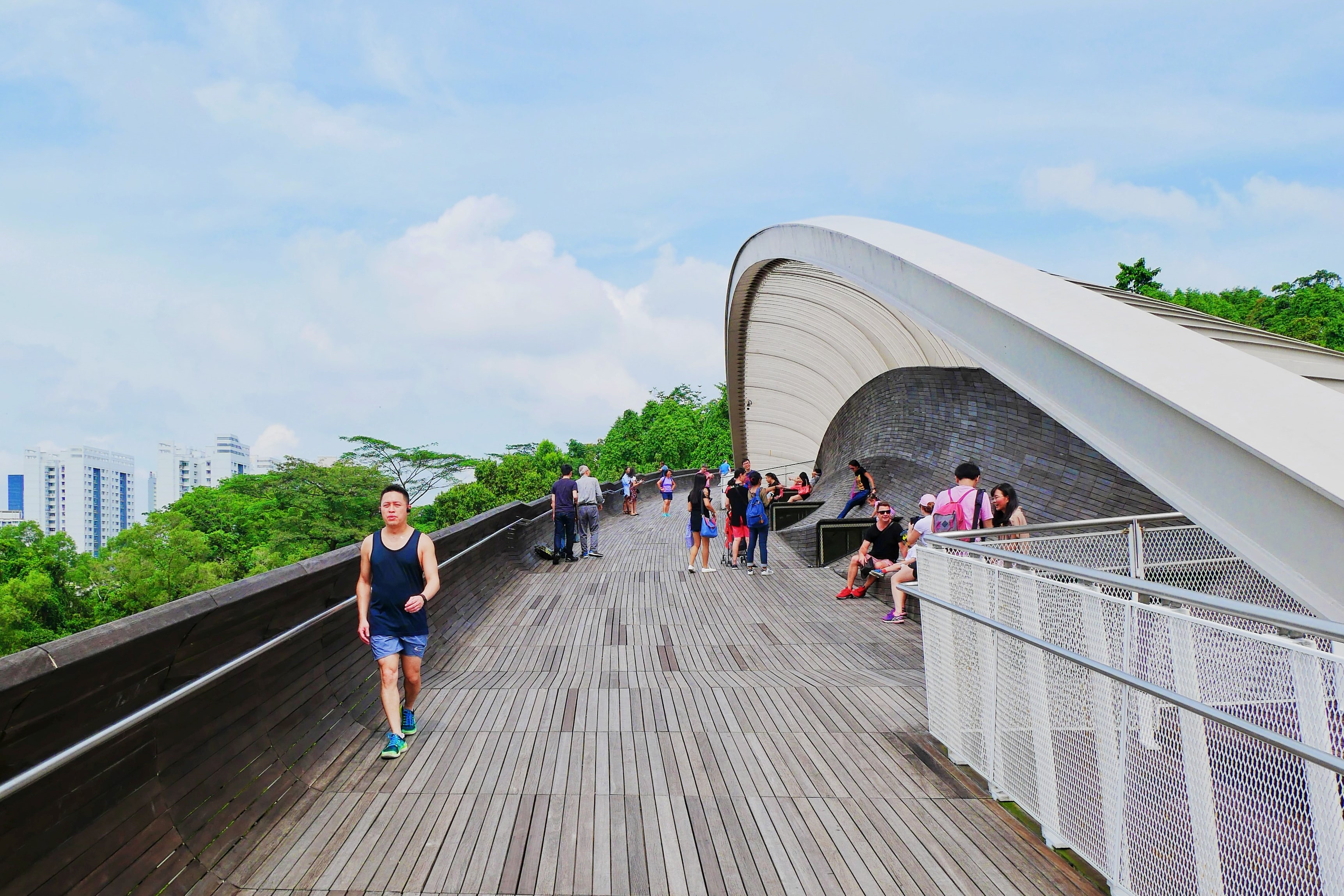 People enjoying a clear day on the Henderson Waves Bridge